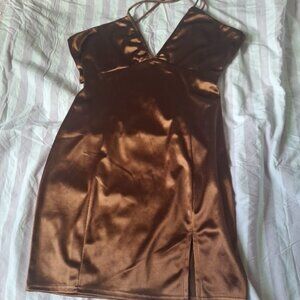 Bronze Satin Mini Dress with V-Neck & Spaghetti Straps - Size M